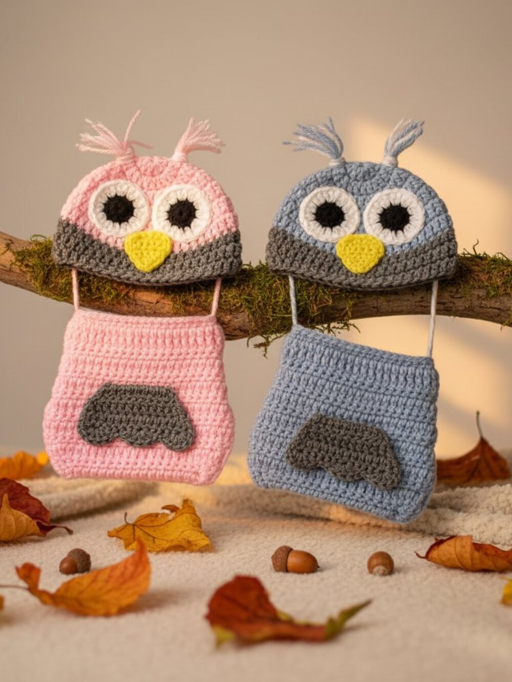Woodland Owl Baby Crochet Costume Set Pink Blue | Baby Shower Gift | Halloween